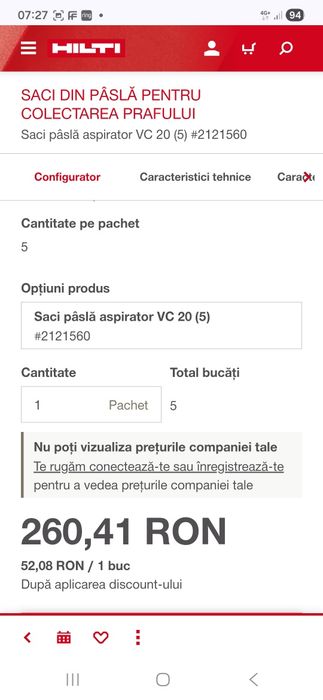 Saci  Hilti Vc 20/150 din pâslă pentru colectarea prafului  Nou