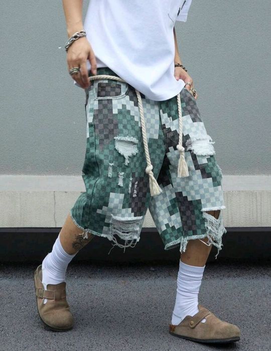 Нови къси панталони дънки зелени скъсан ефект и въже  деним Хл/Л