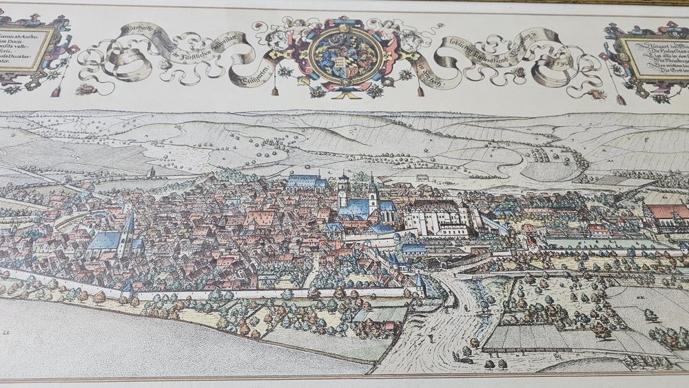 Veduta panoramica Stuttgart 1594 - interpretare dupa Braun & Hogenberg – rama aurita – documente