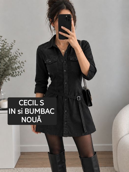 Cecil cămașă lungă damă S 55% in 45% bumbac neagră army cu cordon linen black shirt