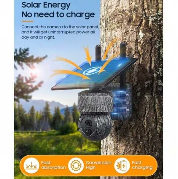 8MP Камуфлажна безжична PTZ соларна камера 4G SIM със слънчев панел