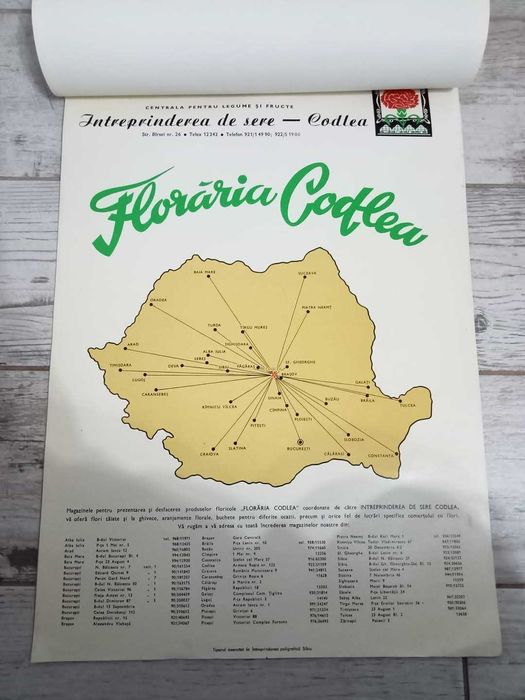 Calendar vechi Floraria Codlea,1978, perioada comunista, Sere Romania