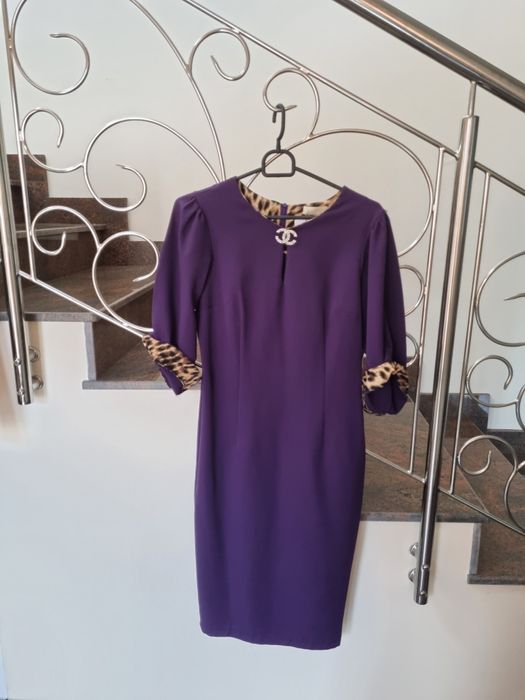 Rochie Dyfashion noua office mov M-L, detalii animal print stil POEMA