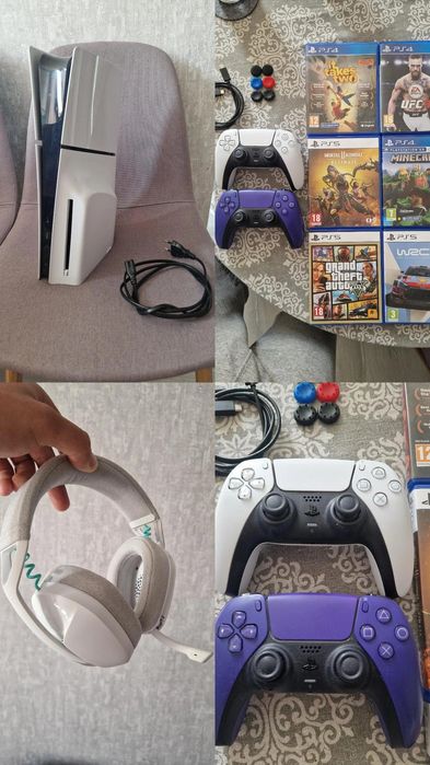 PS5 slim с диск гейминг сет, джойстици и слушалки.