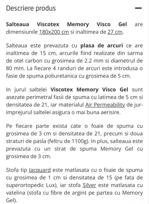 Vand Saltea Viscotex Memory Visco Gel 180x200 , cu garanție