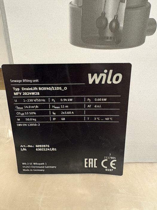 Stație de pompare Wilo-DrainLift BOX 40/11DS_O | NOUĂ | Garanție