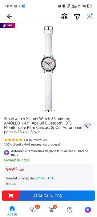 Smartwatch Xiaomi Watch S5, 46mm, nou
AMOLED 1.43", Apeluri Bluetooth, GPS
Monitorizare Ritm Cardiac, SpO2, Autonomie
pana la 15 zile, Silver