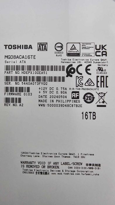 Hard Disk Toshiba MG08SACA16TE de 16TB Surveillance/Enterprise/Server/NAS 7200RPM