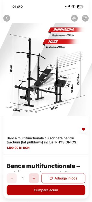 Banca multifunctionala universala cu suport haltera si scripete pt picioare nou in cutie Germany