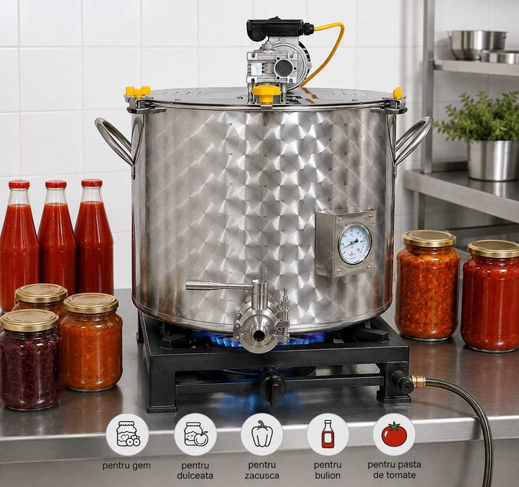 Cazan de fierbere cu malaxor pentru gem, dulceata, zacusca, bulion, pasta de rosii, supe, tocane