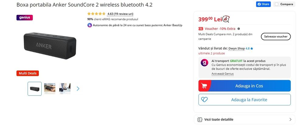 Boxă Portabilă Anker Soundcore 2  12W, IPX7 Autonomie 24h NOUĂ SIGILATĂ