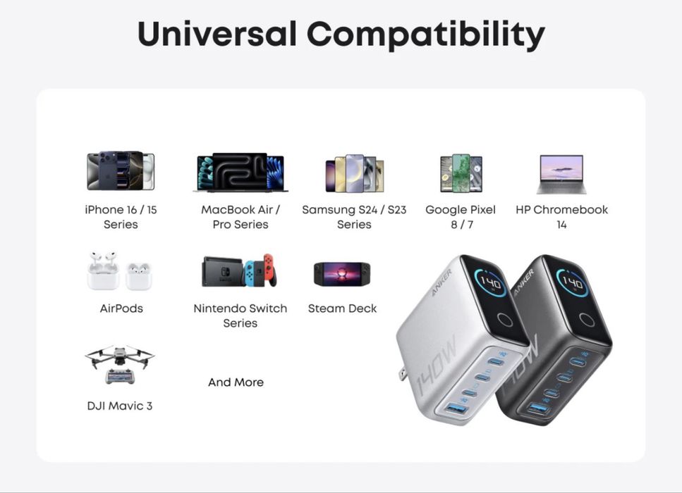 Anker Charger (140W, 4-Port, PD 3.1) with USB-C Cable