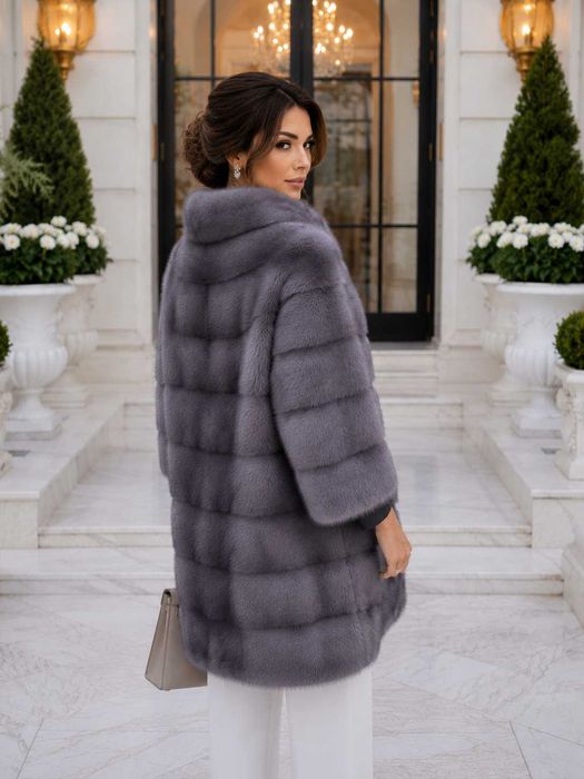 Haină de Nurcă Naturală Premium , Vizon , Blană de Lux , Culoare Exclusivă Gri , Mărime L–XL