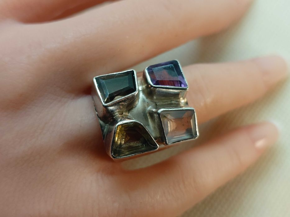 Inel  argint cu ametist, citrin, cuarț fumuriu și goshenit