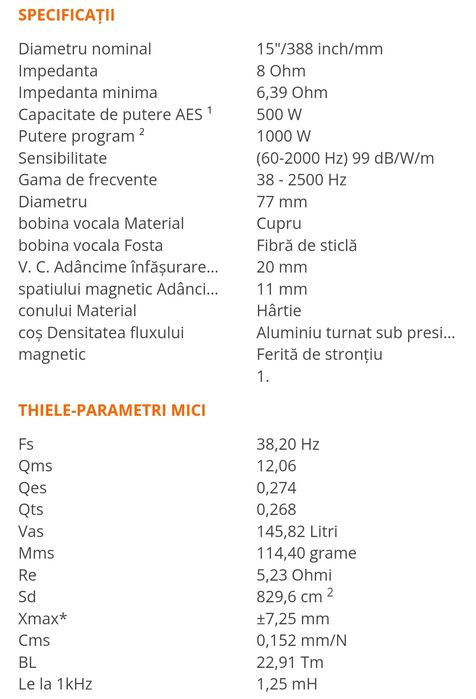 Difuzorul Oberton 15 B500 1000w 8 ohm