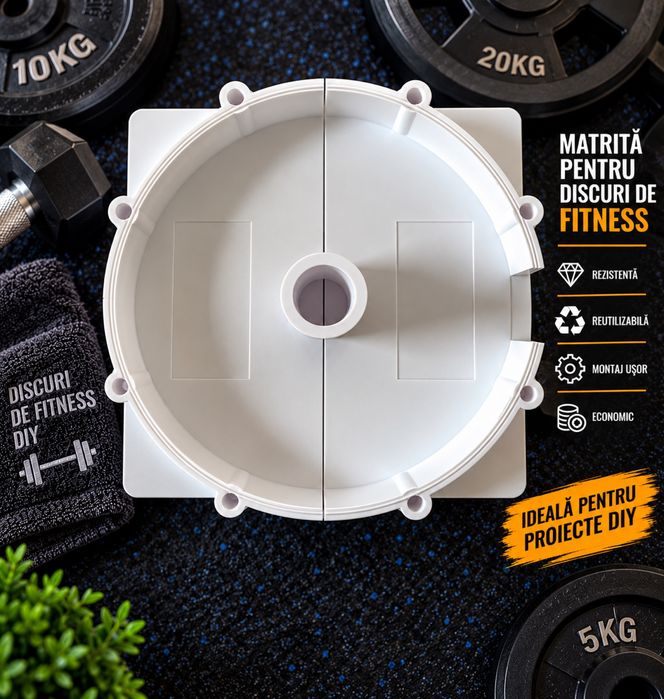 Matriță disc fitness beton circa 5 kg, reutilizabilă + 4 bucșe + pâlnie