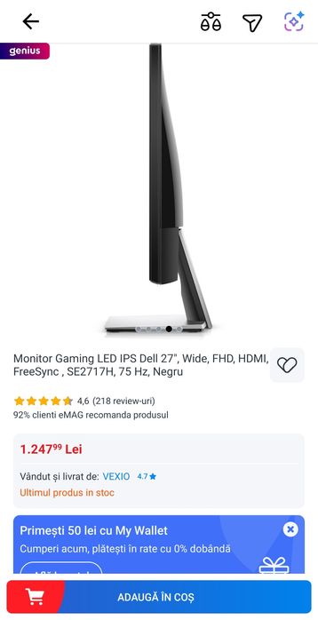 Monitor Gaming LED IPS Dell 27", Wide, FHD, HDMI,