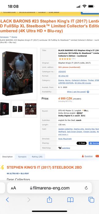 Blu-ray Stephen King’s IT (2017) BlackBarons 4K+2D steelbook Filmarena