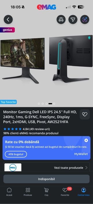 Monitor Alienware 240hz 1ms FULL HD IPS G-SYNC FREE SYNC