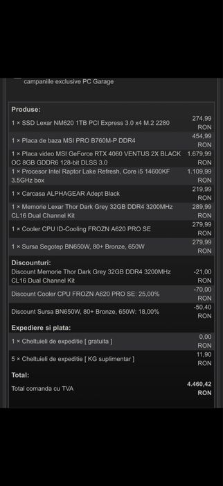 PC Gaming RTX 4060 + i5 14600KF + 32GB RAM | Foarte puternic | Garanție