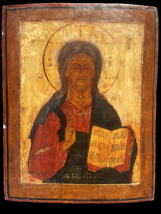 icoana ruseasca lemn veche Isus Pantocrator sec 19 41x33 cm