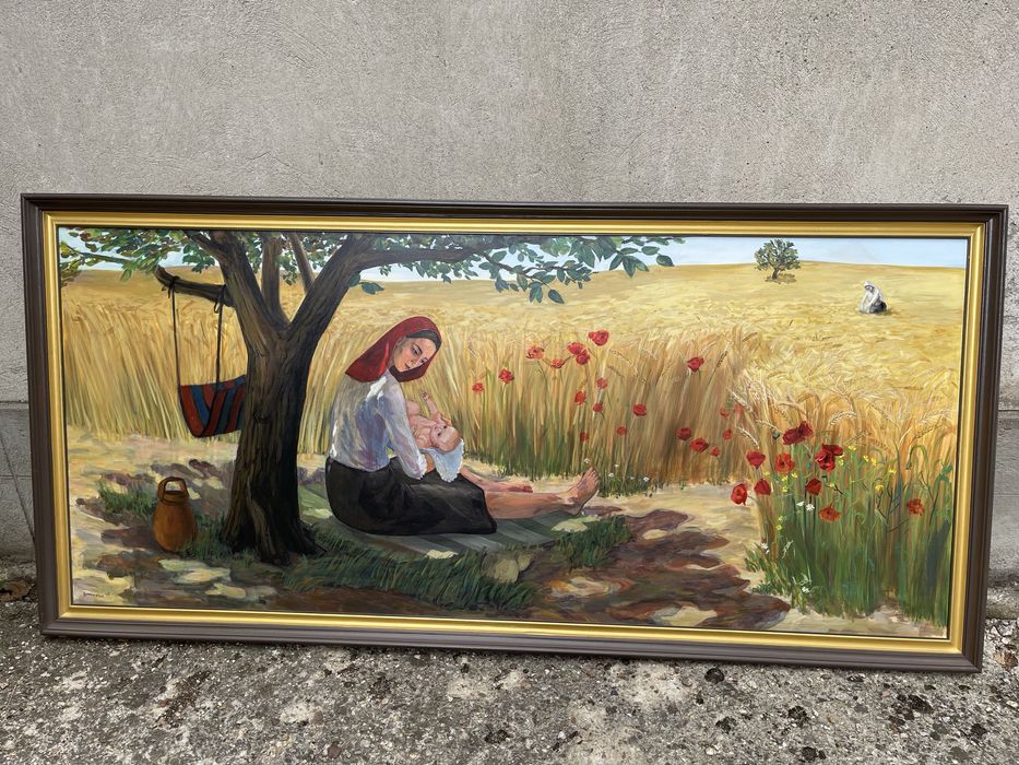 Голяма авторска картина 230 см – Майка с дете и житно поле с макове