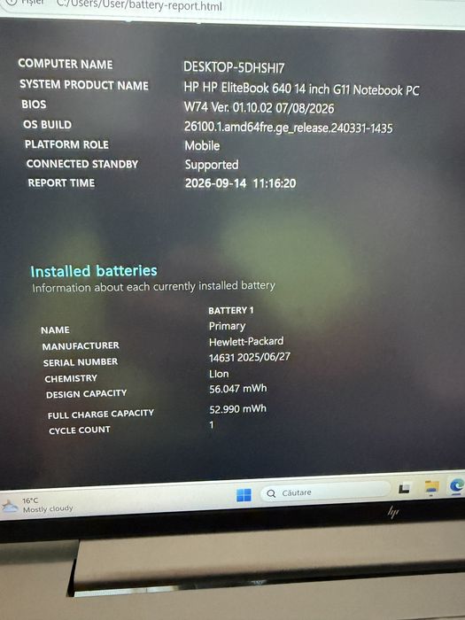 Laptop HP EliteBook 640 G11 | Intel Core Ultra 5 125U | 16GB RAM | 256GB SSD | 1 ciclu incarcare