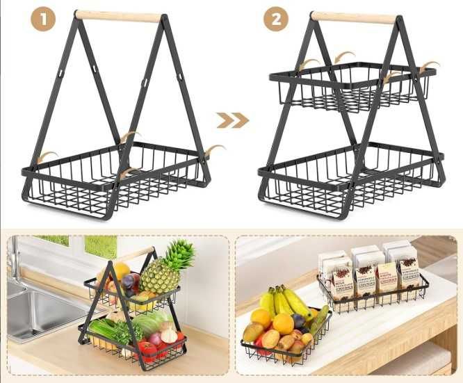 Декоративна кошница за плодове, изработена от метал, на два етажа