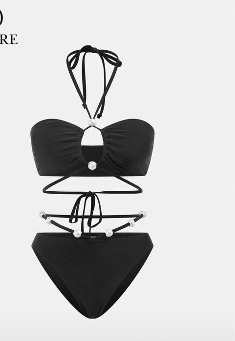 Черен бански с перли, връзки и наметка (пола)