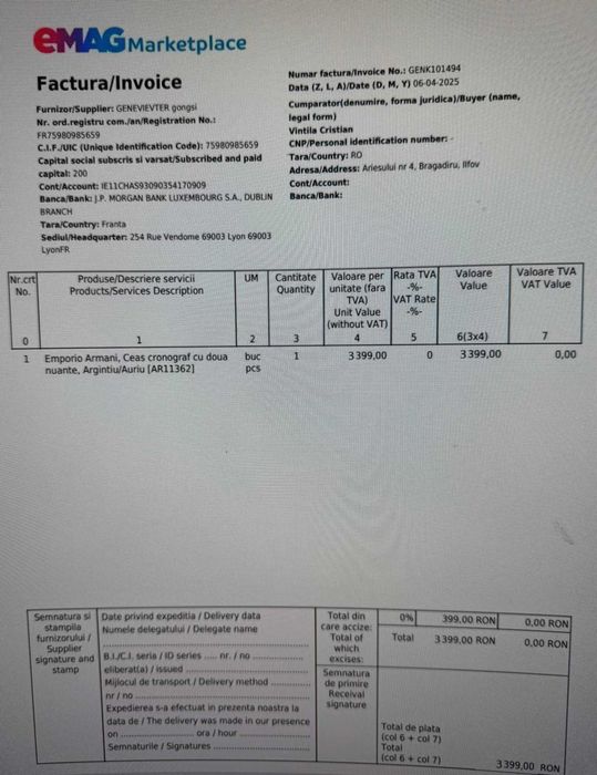 Ceas Original Emporio Armani suflat cu AUR 14 K
