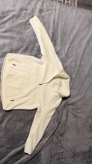 Cream Sherpa Fleece Half Zip Pullover Jacket w/ Zip Pockets Cozy Teddy Fleece