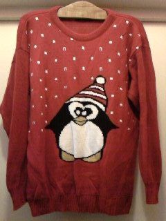 Pulovar rosu UK cu pinguin XXL