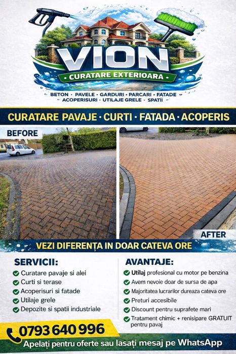 Curatare profesionala pavaj, curte, fatada, acoperis