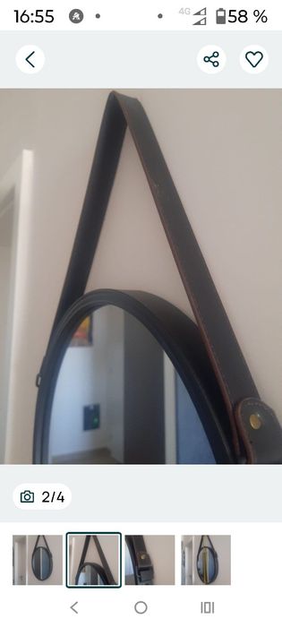 Oglindă rotundă de perete cu curea de piele neagră,diametru 41 cm