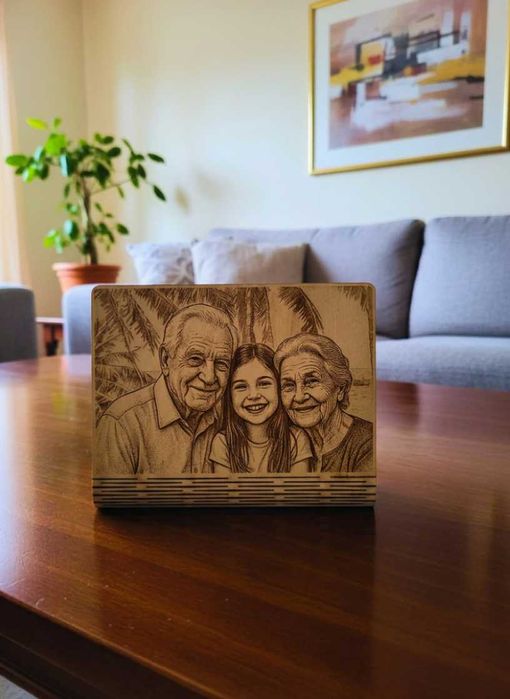Cadou Inedit: Ramă Foto Personalizată prin Gravură și Tăiere Laser (Lemn)