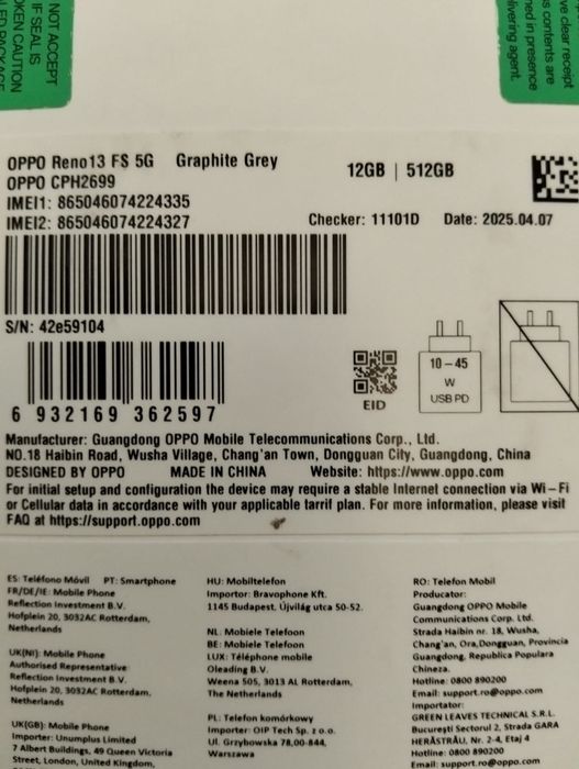 Oppo Reno 13 FS,5G,12 GB RAM cu 512 GB,impecabil!!