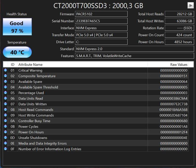 Crucial T700 2TB Gen5 SSD NVME 2.0 (без Heatsink)