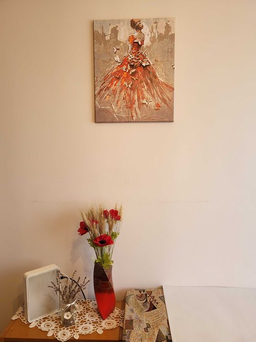 Pictura acrilica pe numere, intitulata "Dansând cu fluturii", cu dimensiunile de 40 x 50 cm, in stare noua