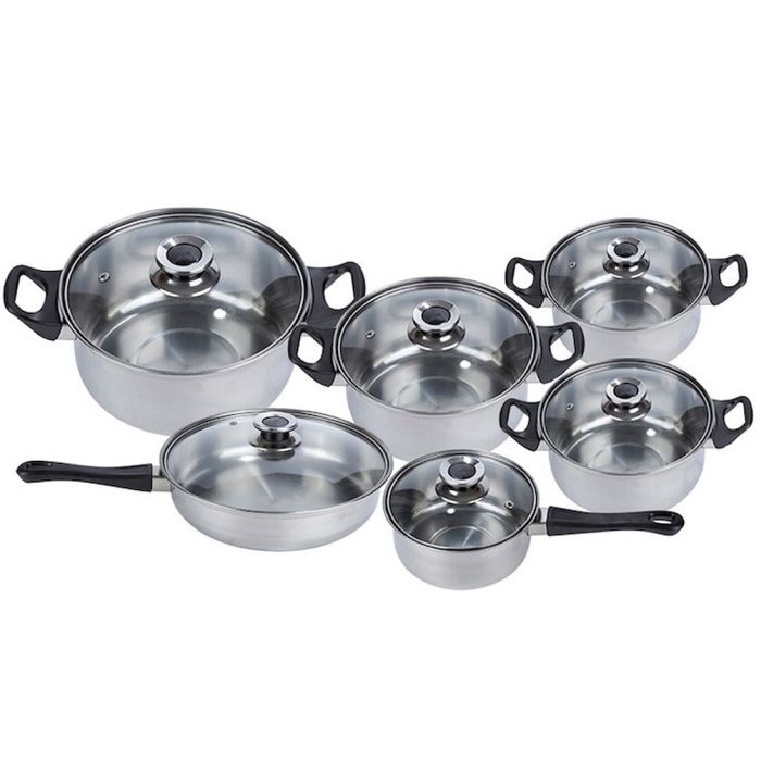 Комплект готварски съдове от инокс 12 части: 5 тенджери, тиган и стъкл