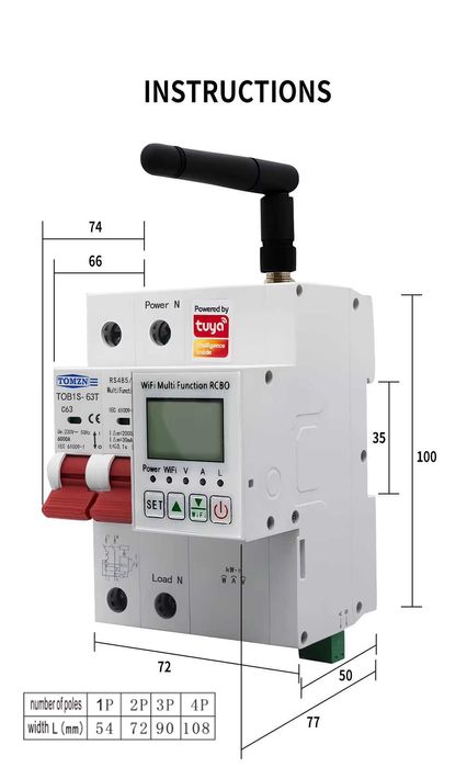 63A Електромер  Защита от късо съединение  WIFI TUYA RCBO RS485