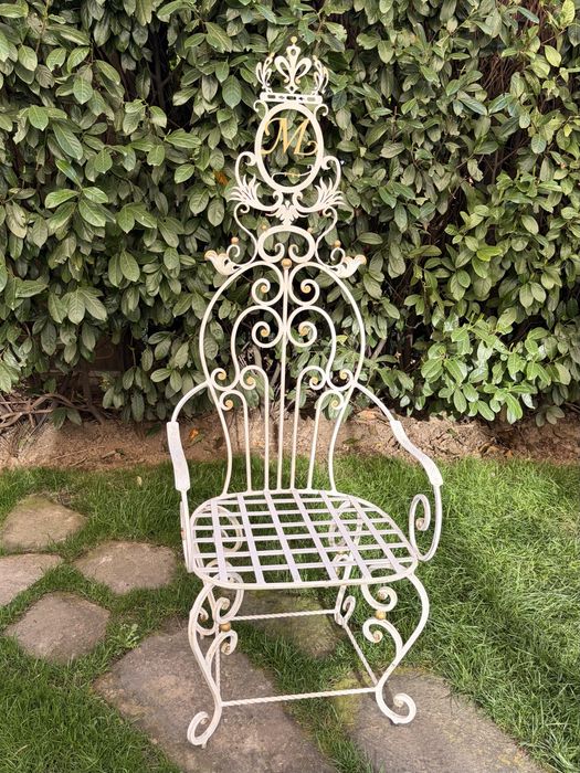 Метален градински стол, стилен, бял и златист