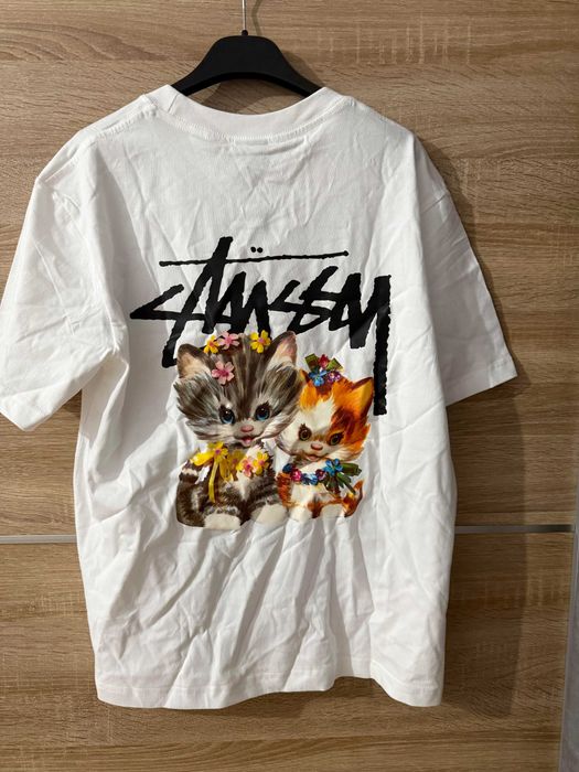 Tricou Stussy Alb Logo cu Pisicute marimea S