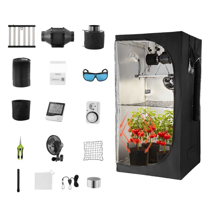 Cort de cultura interior 100 x 100 x 200cm kit complet cu lampa LED 1344 diode, ventilator, filtru carbon si mylar 600D reflectorizant