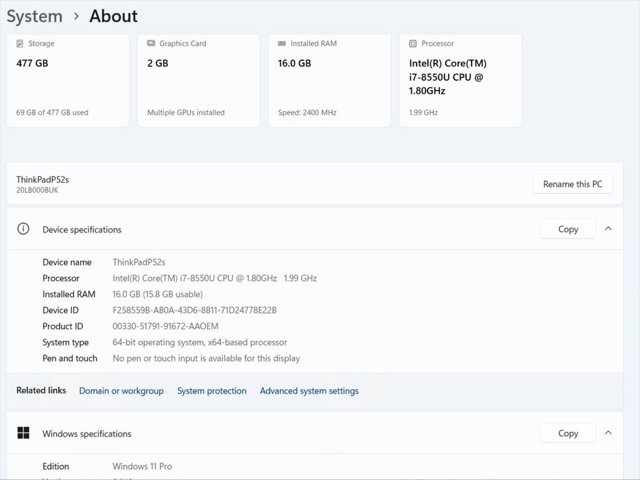 Мощен Лаптоп Lenovo Thinkpad P52s 15.6" i7-8550U/RAM16GB/SSD 512GB
