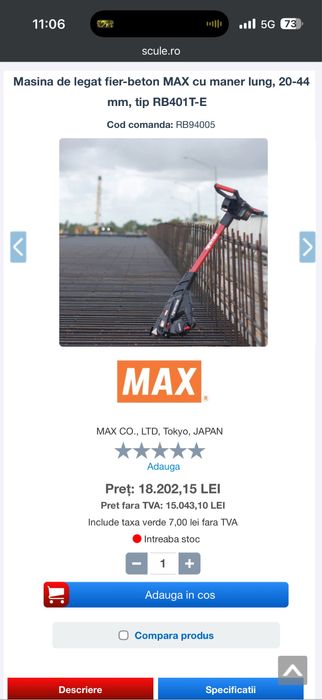 Masina de legat fier-beton MAX cu maner lung, 20-44 mm, tip RB401T-E