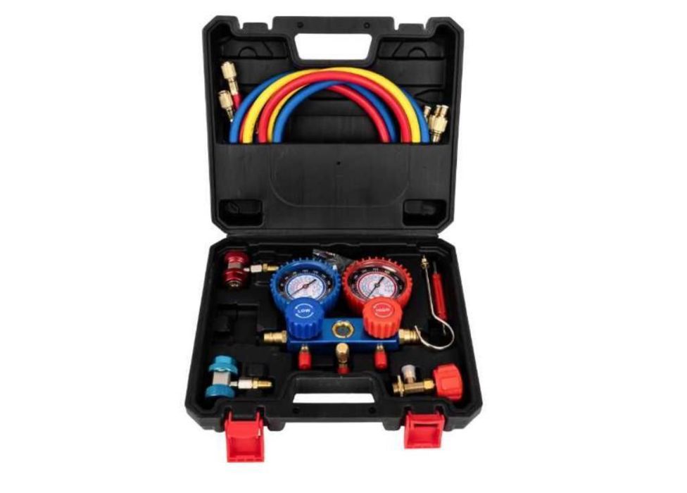 Trusa testare AC aer conditionat manometre verificare incarcare freon 2 robineti 3 furtune