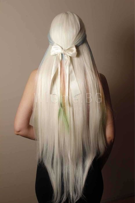 Дълга руса с цветни кичури лейс фронт перука Сара