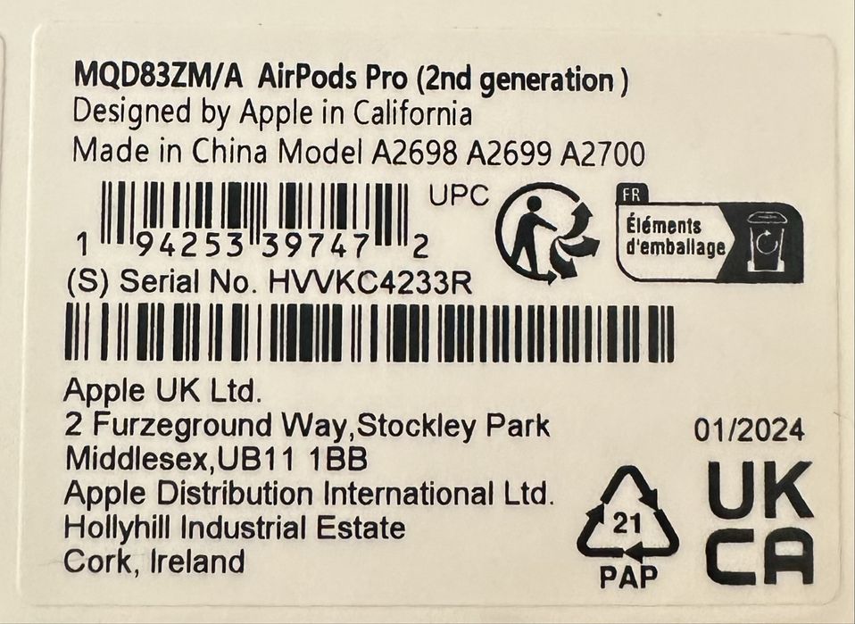 AirPods Pro (2nd gen) само лява слушалка и кейс (НЕ СЕ СДВОЯВАТ)