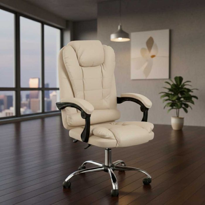 Ергономичен офис стол с лумбална опора от еко кожа в бежов цвят