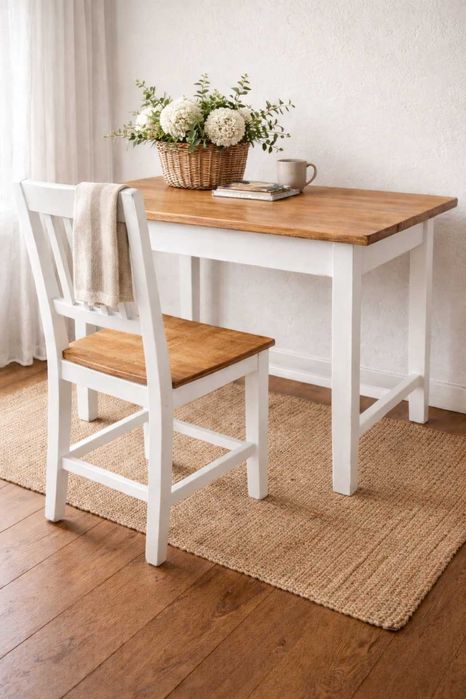 Masa+scaun lemn RECONDIȚIONATE – alb & LEMN Nature